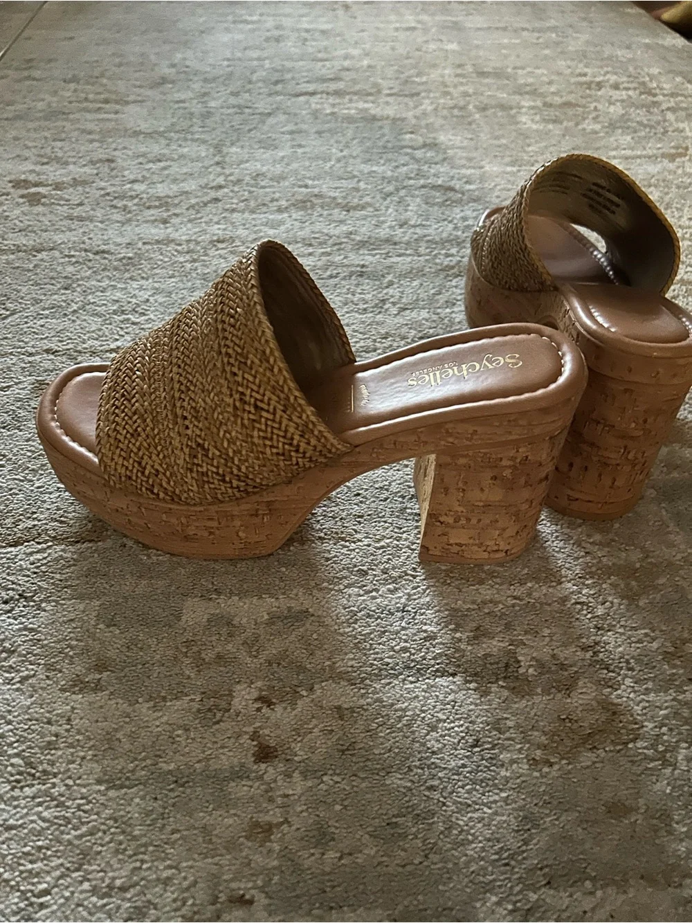 Seychelles Woven Tan Cork Platform Slide Heels - Picture 1 of 6